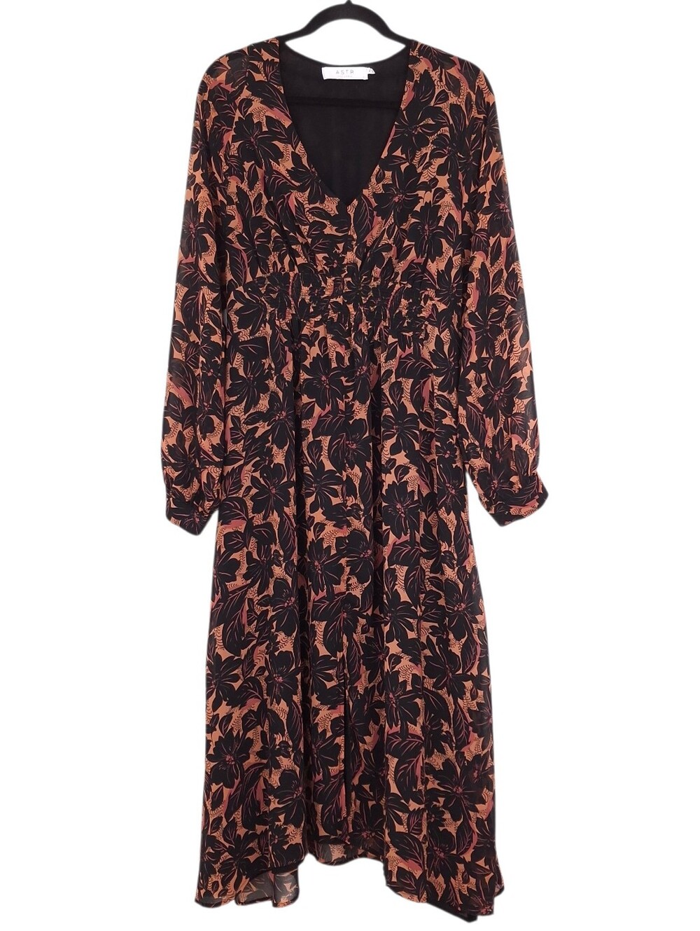 Astr The Label dark floral midi dress long sleeve sheer boho witchy flowy black